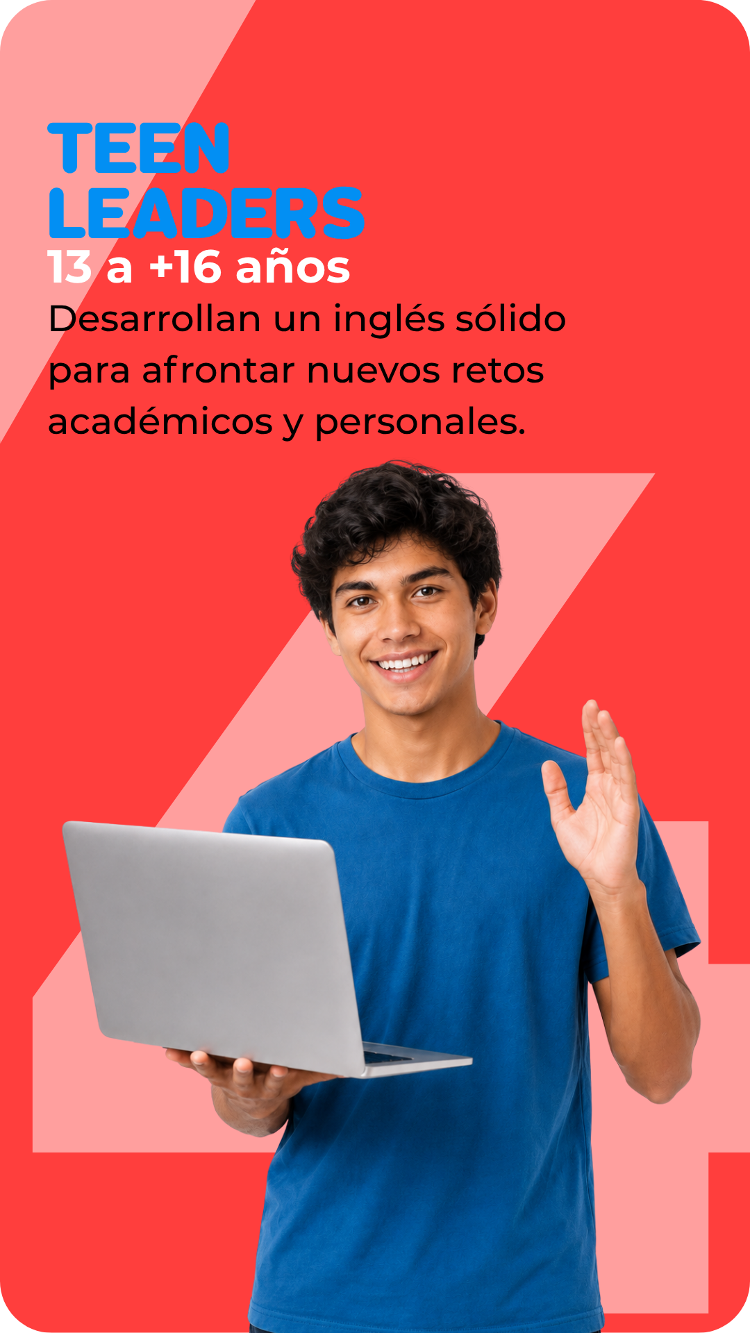 Adolescente participando en una clase virtual de inglés desde una laptop mientras saluda al profesor.